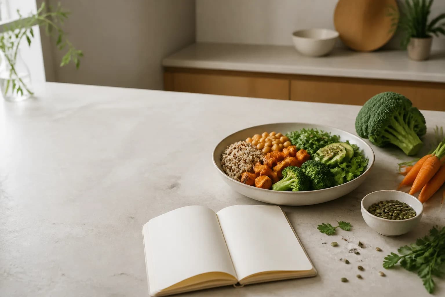 Légumes frais, assiette et carnet pour préparer ses repas